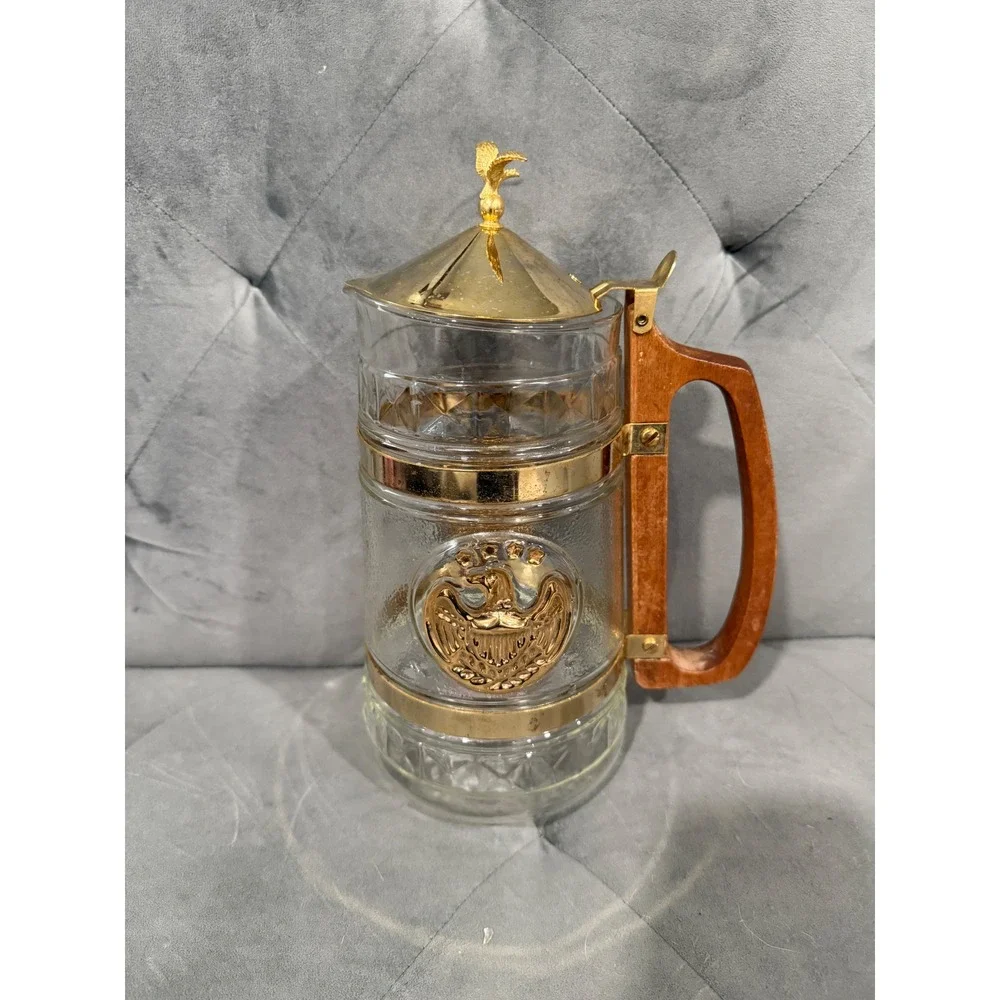 Vintage Glass Beer Stein‎ with Eagle Emblem Gold Trim Wood Handle Hinged Lid